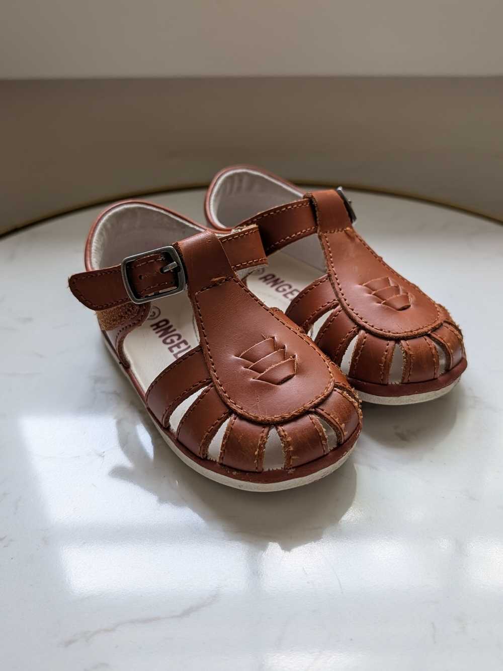 L'Amour Tan Brown Leather Kids T-Strap Sandals